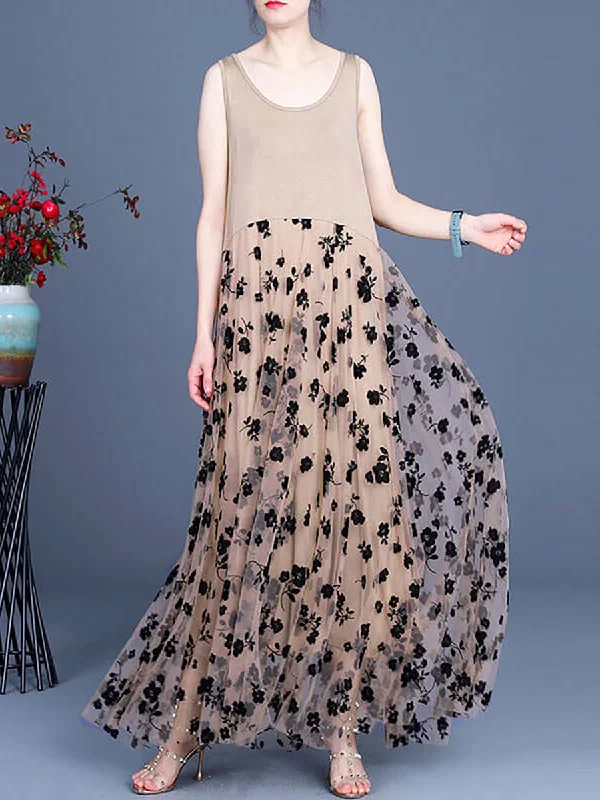 Women Lace Casual Retro Stitching Maxi Dress Comfortable Pleated Maxi Dress