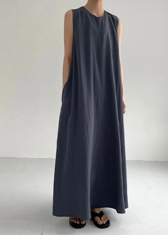 Women Navy O-Neck Solid Maxi Dress Summer Elegant Maxi Dress with Drapes