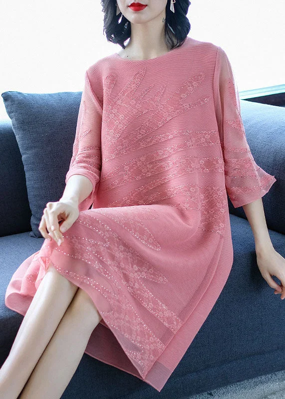 Women Pink O-Neck Embroideried Floral Tulle Maxi Dresses Fall Classic A-Line Maxi Dress