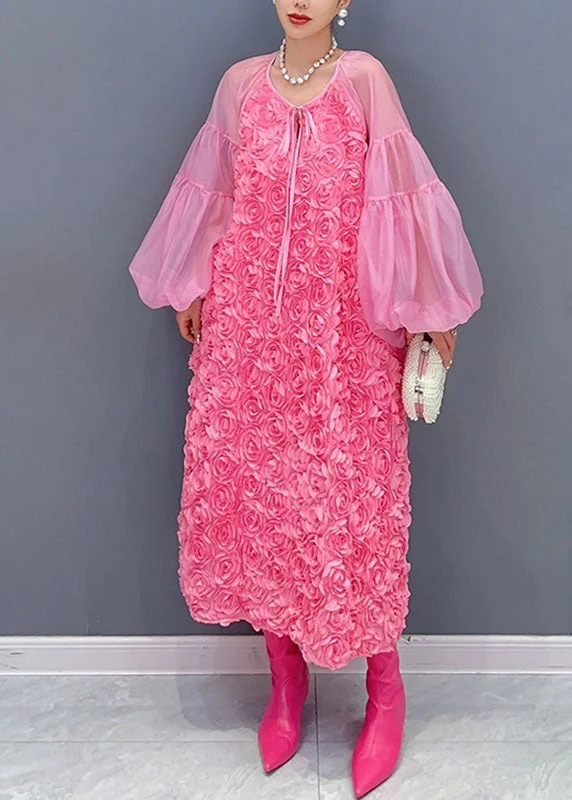 Women Pink O-Neck Tulle PatchworkFloral Maxi Dress Long Sleeveless Stylish Maxi Dress with Pleats
