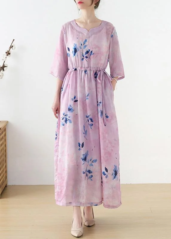 Women Pink Print Tie Waist Maxi Dresses Summer Ramie Stylish Pleated A-Line Maxi Dress Women Pink Print Tie Waist Maxi Dresses Summer Ramie Stylish Pleated A-Line Maxi Dress