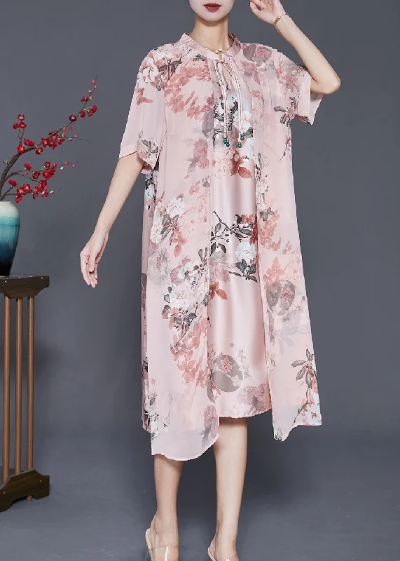 Women Pink Tasseled Print Silk Maxi Dress Summer Fashionable Chiffon Tiered Maxi Dress Women Pink Tasseled Print Silk Maxi Dress Summer Fashionable Chiffon Tiered Maxi Dress