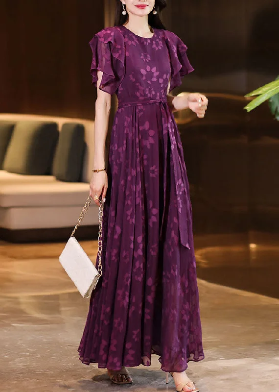 Women Purple O-Neck Print Ruffled Wrinkled Chiffon Maxi Dress Short Sleeve Trendy Satin Maxi Dress Women Purple O-Neck Print Ruffled Wrinkled Chiffon Maxi Dress Short Sleeve Trendy Satin Maxi Dress