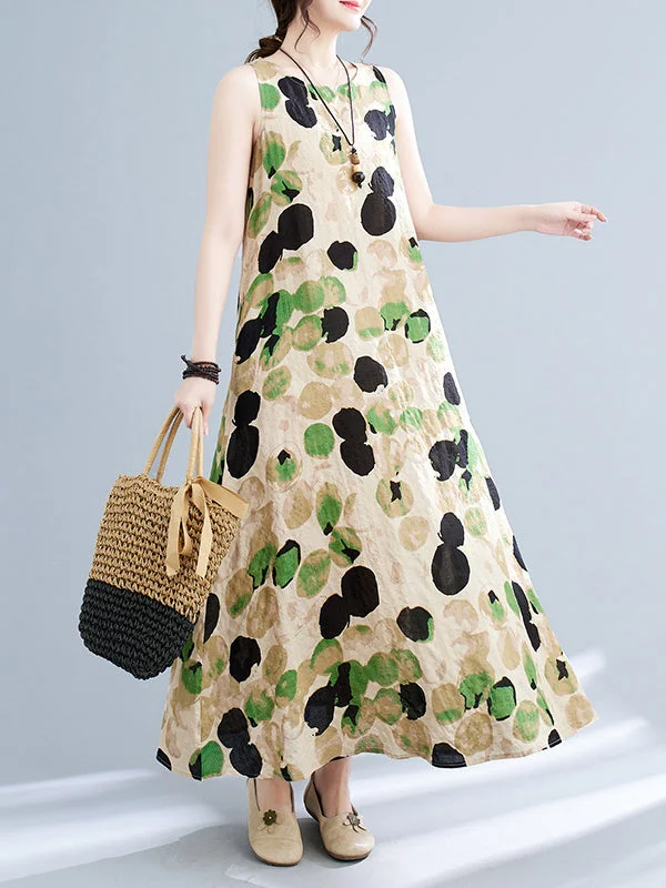 Women Split-Joint Round-neck Maxi Dress Sleeveless Trendy Floral Print Maxi Dress