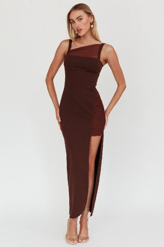 Zenya Split Ruched Maxi Dress Chocolate Elegant Maxi Dress with Belt