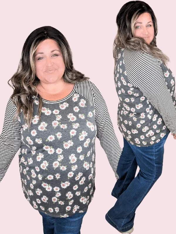 Abby Girly Baseball Tee in Charcoal Floral