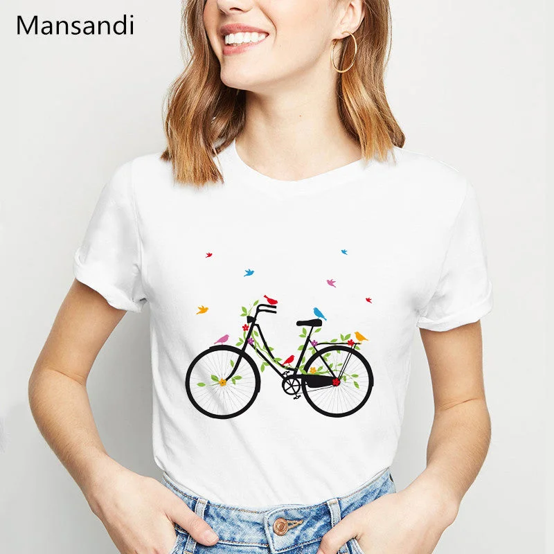 Bicycle Leaves Birds printed T shirt women clothes 2019 harajuku kawaii vogue funny tshirt femme summer tops female t-shirt