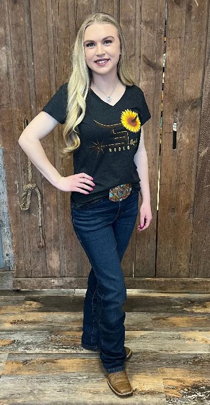 Ladies Black Sunflower V-Neck Tee