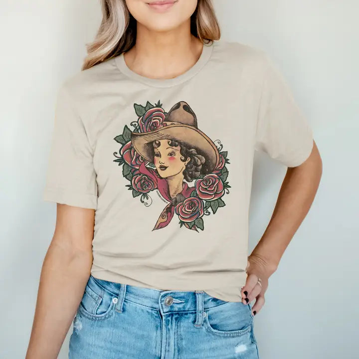 Ladies Cocklebur Clothing Co. Vintage Cowgirl Tattoo Tee