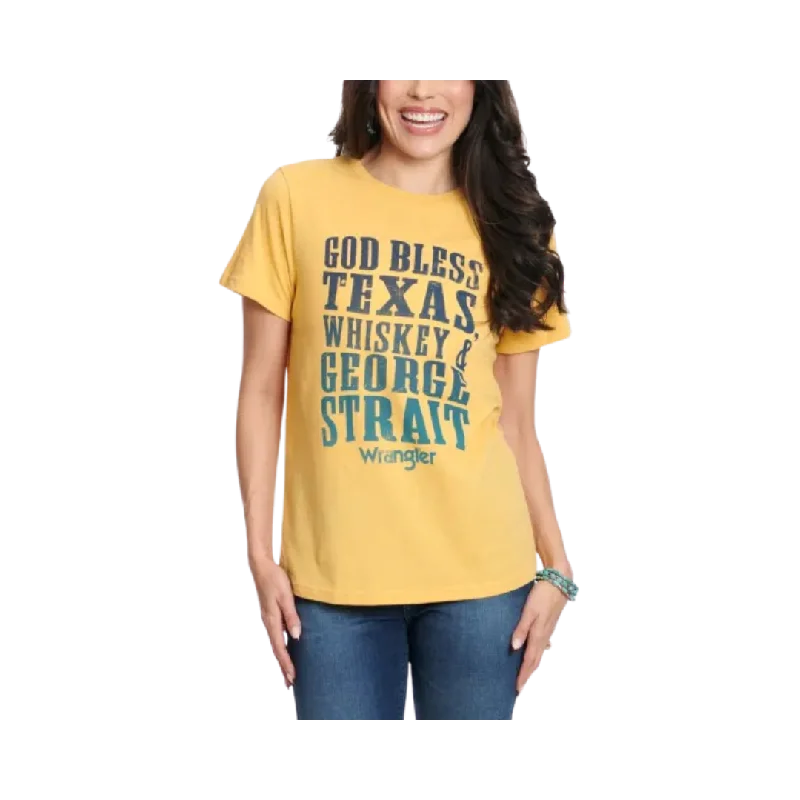 Wrangler Women's Yellow-Gold God Bless Texas Short Sleeve T-Shirt Machine Wash Dry Clean Hand Wash Wrangler Women's Yellow-Gold God Bless Texas Short Sleeve T-Shirt Machine Wash Dry Clean Hand Wash
