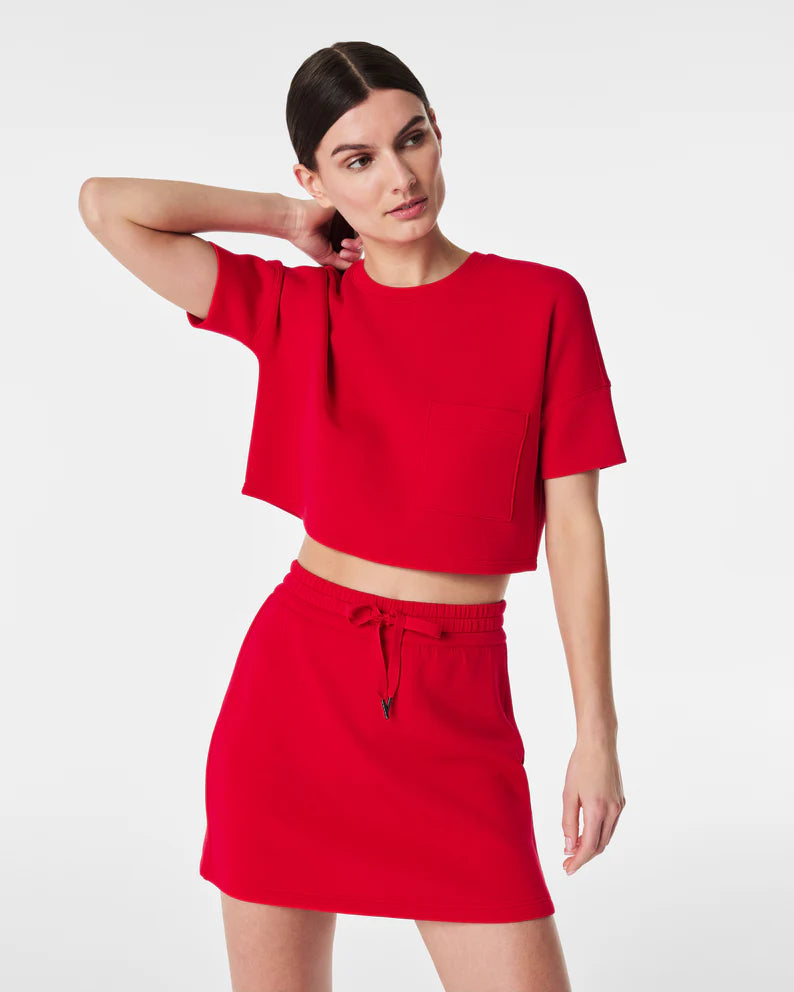 AirEssentials Cropped Pocket Tee - Spanx Red Chenille Blend Fleece Blend Nylon Blend