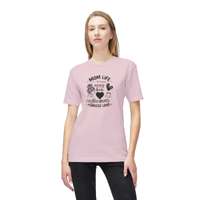 "Mom Bun & Coffee Runs: Fueling Love, One Sip at a Time Tee" Cozy Warm Stylish