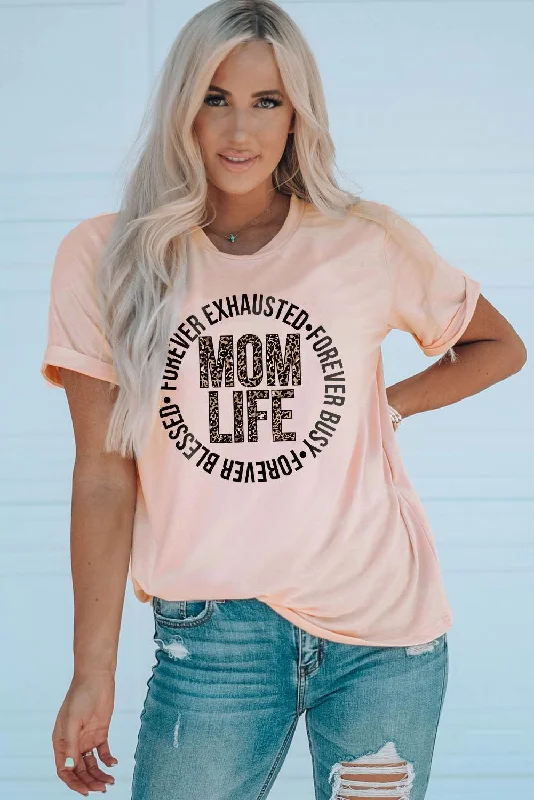 MOM LIFE Leopard Graphic Cuffed Tee Collared Crew Neck Turtle Neck