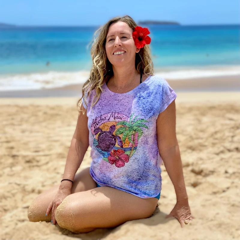 NEW! Kai Wahine Designs Palm Turtle Women's Burnout Dolman Tee Spandex Blend Rayon Blend Denim Blend NEW! Kai Wahine Designs Palm Turtle Women's Burnout Dolman Tee Spandex Blend Rayon Blend Denim Blend