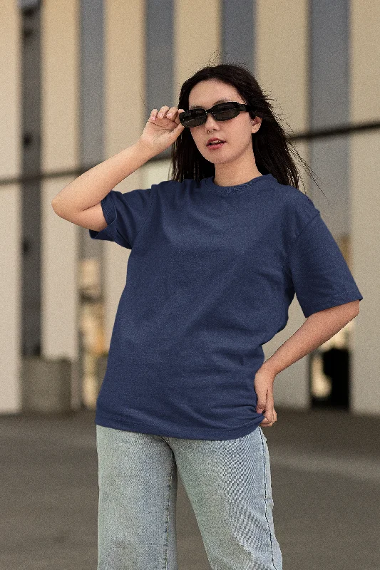 Plain Navy Blue Oversize Women T-Shirt Zippered Front Buttoned Front Snap Front