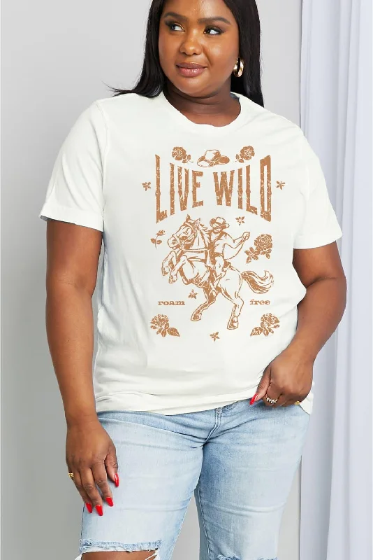 Full Size LIVE WILD ROAM FREE Graphic Tee Collared Crew Neck Turtle Neck