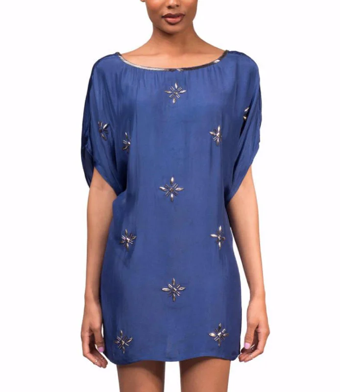 Silky Sapphire T-Shirt Minidress in Beaded Jewel Flower Fleece Fabric Down Fabric Feather Fabric Silky Sapphire T-Shirt Minidress in Beaded Jewel Flower Fleece Fabric Down Fabric Feather Fabric