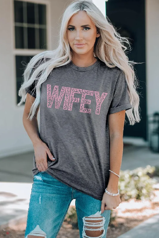 WIFEY Leopard Graphic Short Sleeve Tee Spandex Blend Rayon Blend Denim Blend