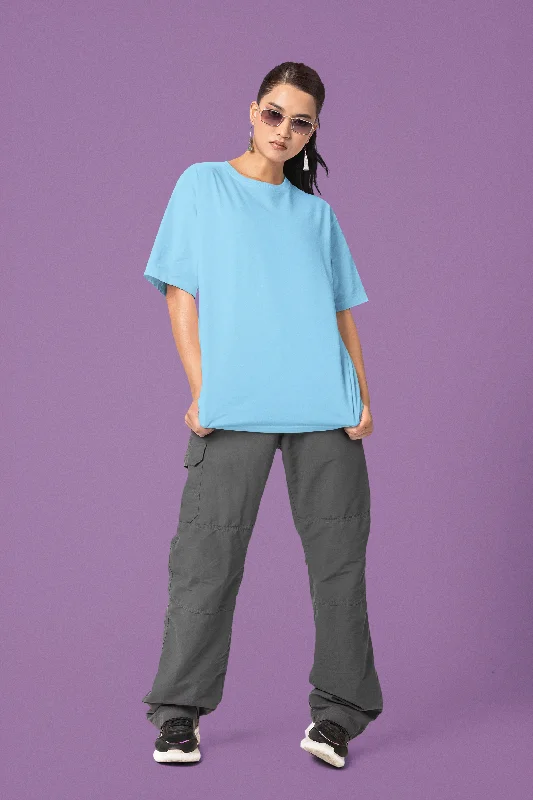 Women Plain Sky-Blue Oversize T-Shirt Elasticated Padded Insulated