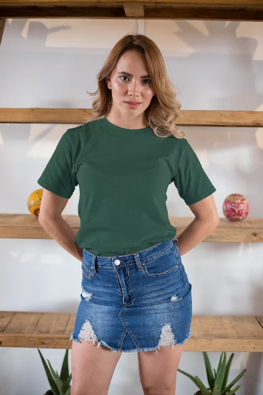 Women's Round Neck Plain T-Shirt - Green (Regular fit) Striped Floral Plaid