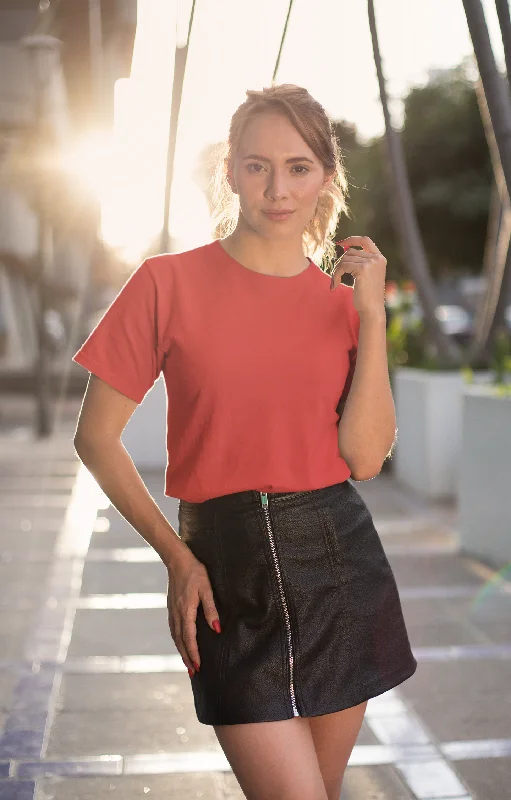 Women's Round Neck Plain T-Shirt - Red (Regular fit) Knit Fabric Woven Fabric Fleece Fabric
