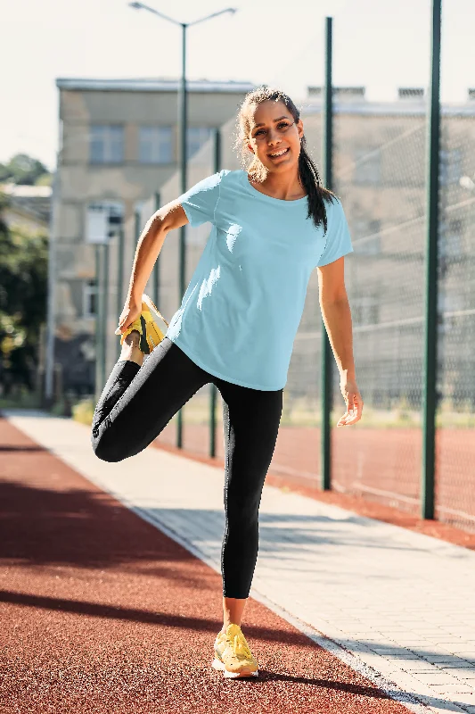 Women's Round Neck Plain T-Shirt - Sky Blue (Regular fit) Mesh Blend Leather Blend Suede Blend Women's Round Neck Plain T-Shirt - Sky Blue (Regular fit) Mesh Blend Leather Blend Suede Blend