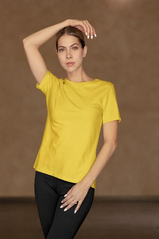 Women's Round Neck Plain T-Shirt - Yellow (Regular fit) Boxy Fit Fitted Loose