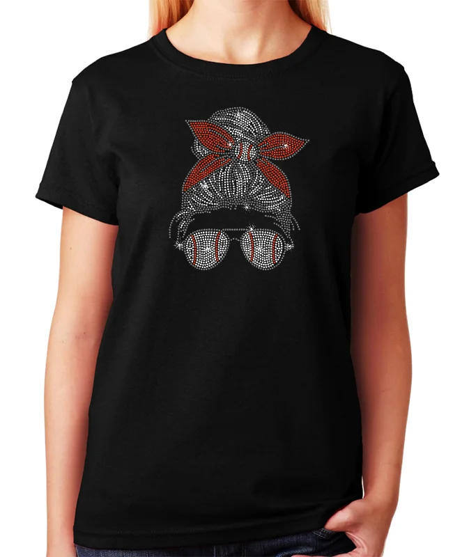 Women's/Unisex Rhinestone T-Shirt with Baseball Mom with Glasses and Hair Bun - Baseball Bandana, Baseball Shirt Seamless Knitted Crochet Women's/Unisex Rhinestone T-Shirt with Baseball Mom with Glasses and Hair Bun - Baseball Bandana, Baseball Shirt Seamless Knitted Crochet