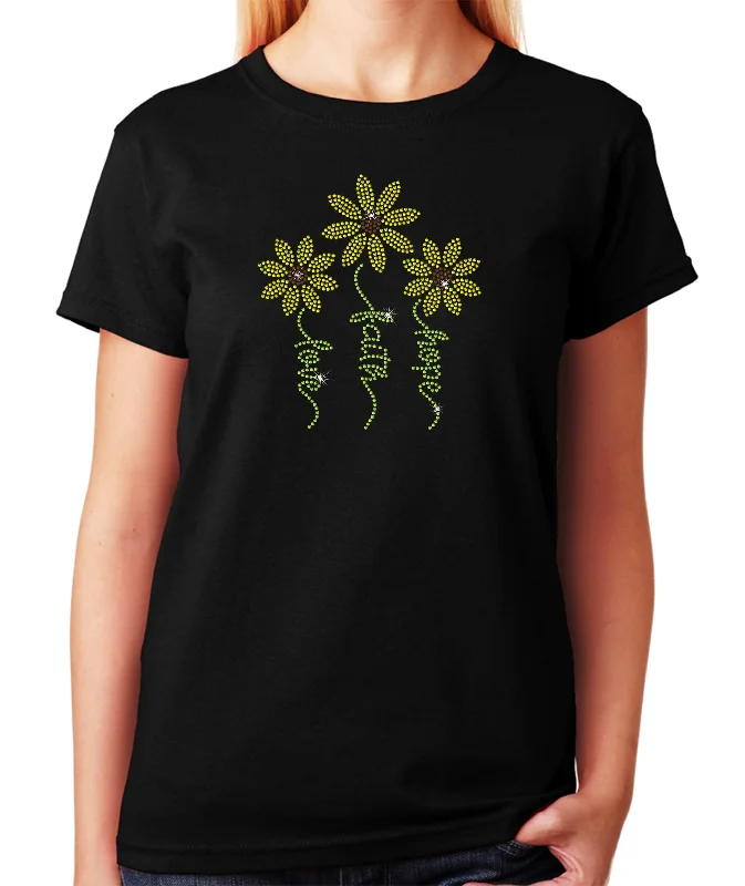 Women's/Unisex Rhinestone T-Shirt with Love, Faith, Hope Daisies Flowers - Daisy Shirt Welt Pockets Slit Pockets