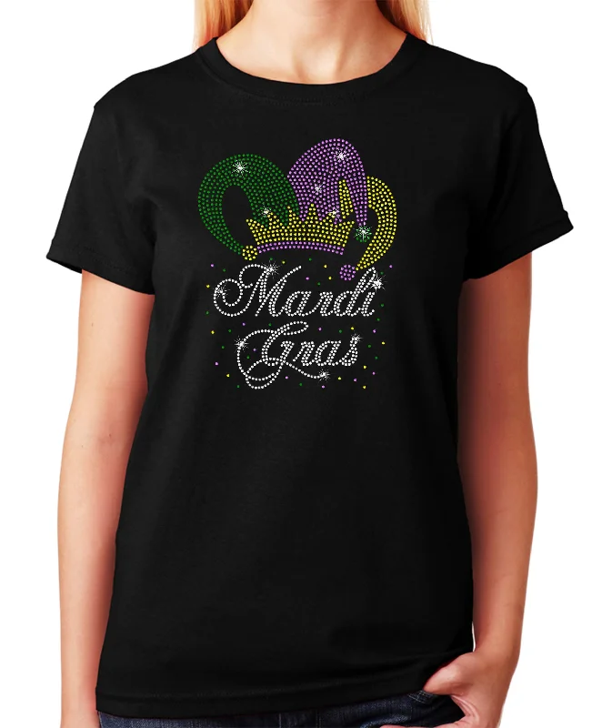 Women's/Unisex Rhinestone T-Shirt with Mardi Gras in Script with Jester Hat - Fat Tuesday Handmade Hand-knitted Hand-woven Women's/Unisex Rhinestone T-Shirt with Mardi Gras in Script with Jester Hat - Fat Tuesday Handmade Hand-knitted Hand-woven