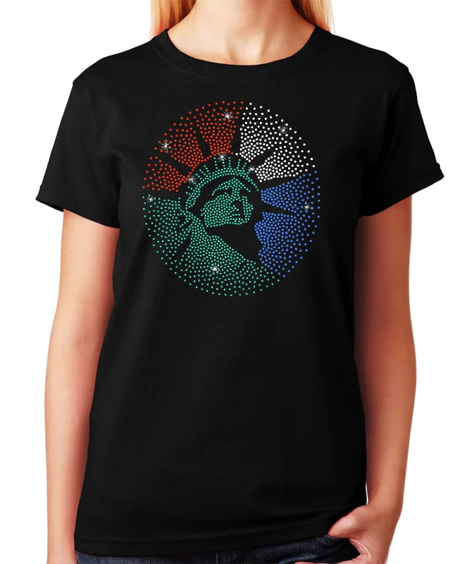 Women's/Unisex Rhinestone T-Shirt with Statue of Liberty - Patriotic Shirt, USA, Lady Liberty Hooded Caped Shawl Collar
