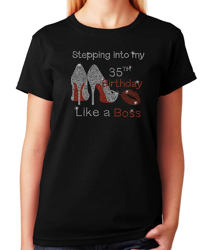Women's/Unisex Rhinestone T-Shirt with Stepping into My Birthday Like a Boss - with Heels & Lips Collared T-Shirt Boat Neck A-Line Women's/Unisex Rhinestone T-Shirt with Stepping into My Birthday Like a Boss - with Heels & Lips Collared T-Shirt Boat Neck A-Line