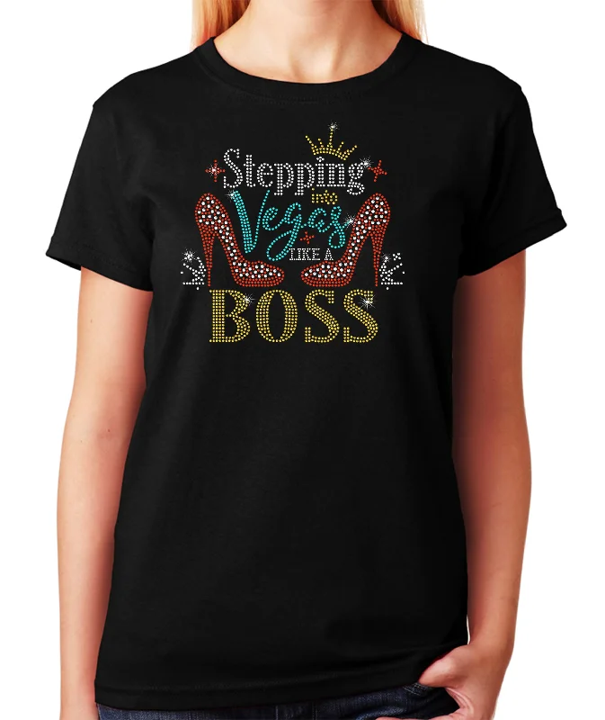 Women's/Unisex Rhinestone T-Shirt with Stepping into Vegas Like a Boss - with Heel, Las Vegas Shirt Chenille Brocade Lace Women's/Unisex Rhinestone T-Shirt with Stepping into Vegas Like a Boss - with Heel, Las Vegas Shirt Chenille Brocade Lace