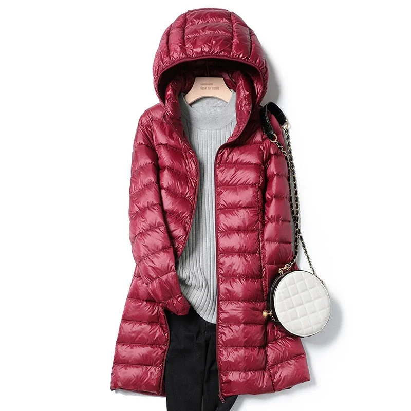 Ultra-Light Long Women's Winter Down waterproof Jacket: Thin, Casual, Slim Puffer Coat with Removable Hooded Parka