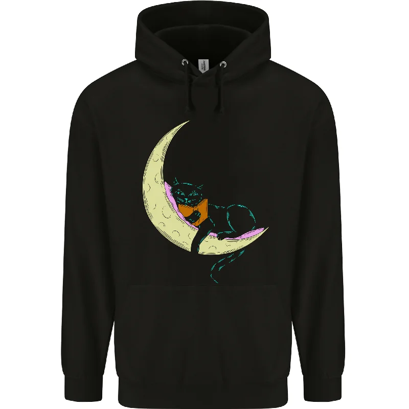 A Chilled Cat Reading a Book on the Moon Mens 80% Cotton Hoodie