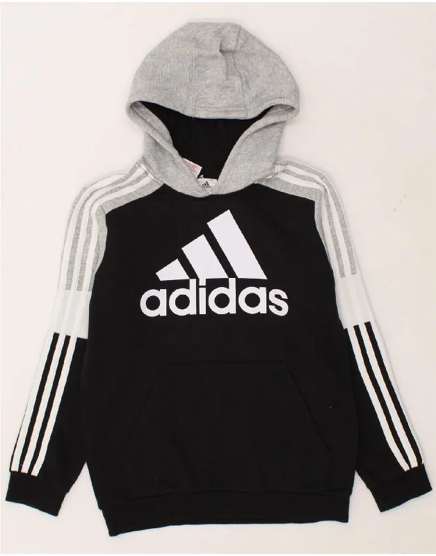 ADIDAS Boys Graphic Hoodie Jumper 11-12 Years Black Colourblock Cotton