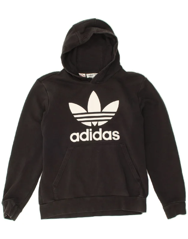 ADIDAS Boys Graphic Hoodie Jumper 12-13 Years Black Cotton