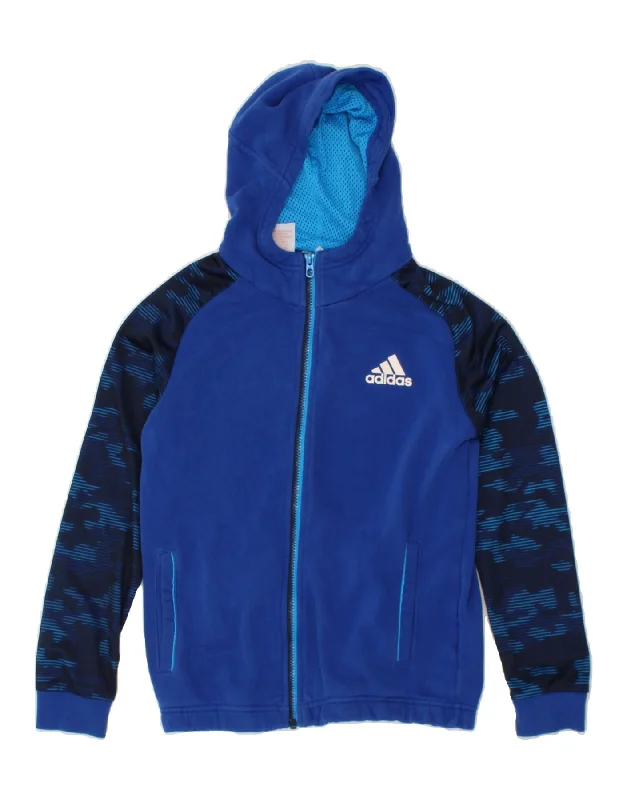 ADIDAS Boys Graphic Zip Hoodie Sweater 11-12 Years Blue Colourblock Cotton Hoodie with Velcro Closure Adjustable Secure
