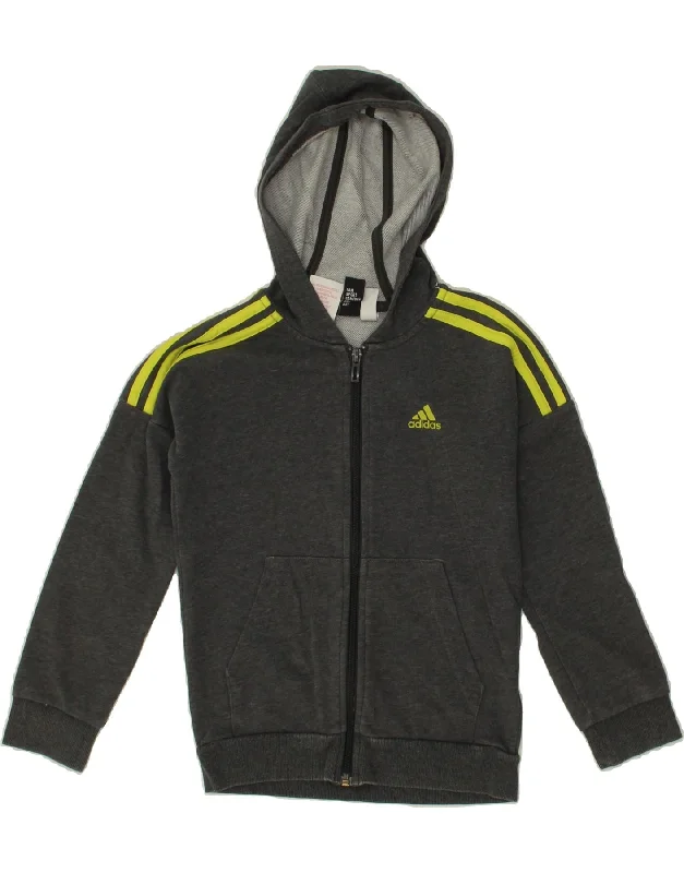 ADIDAS Boys Zip Hoodie Sweater 7-8 Years Grey Cotton