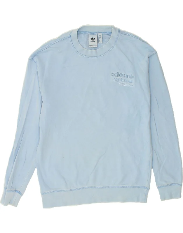 ADIDAS Mens Graphic Sweatshirt Jumper Small Blue Cotton Hoodie with Bell Sleeves Flared Feminine
