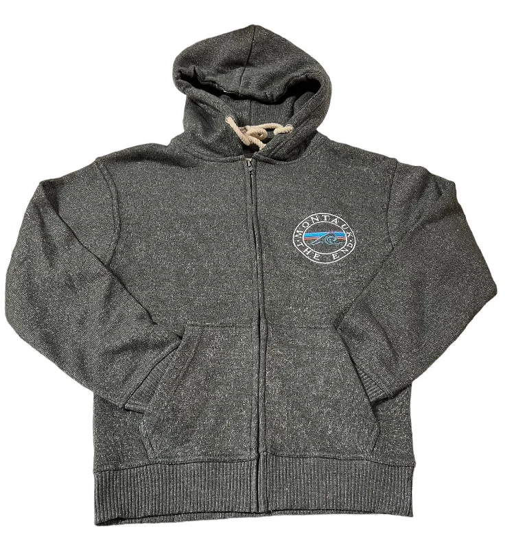 Adult Montauk The End Wave Embroidered Nantucket Zip-Up Hoodie in Charcoal Hoodie Dress Longline Feminine Adult Montauk The End Wave Embroidered Nantucket Zip-Up Hoodie in Charcoal Hoodie Dress Longline Feminine