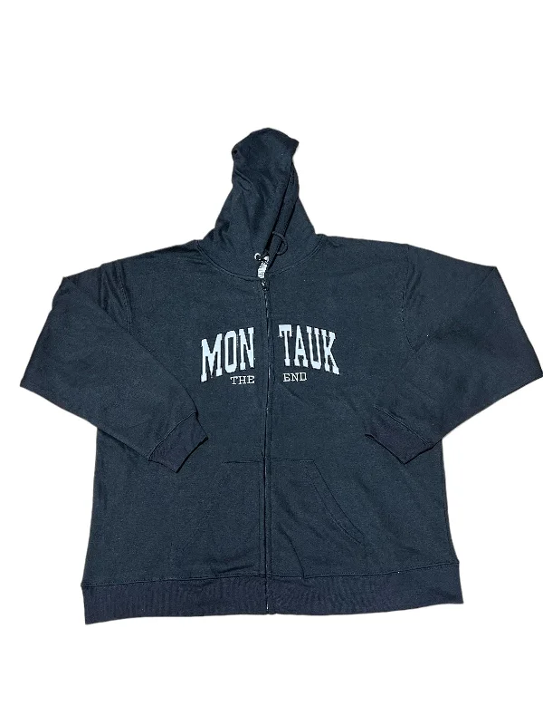 Adult Unisex Zippered Hoodie with Embroidered Montauk The End in Black Hoodie with Hem Raw Edge Edgy Unfinished