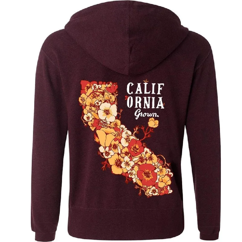 California Grown Zip Up Maroon Hoodie Hoodie with Distressed Vintage Worn