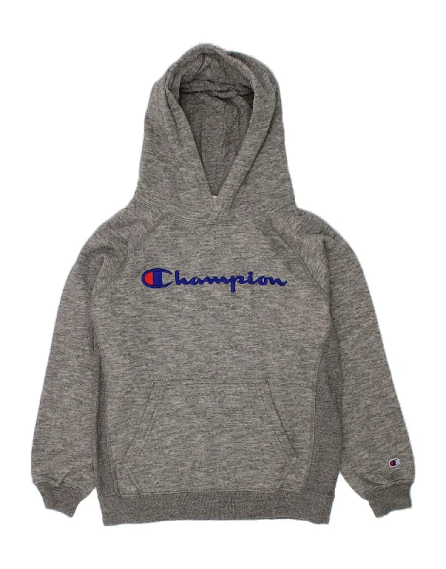 CHAMPION Boys Graphic Hoodie Jumper 9-10 Years Medium Grey Flecked Cotton