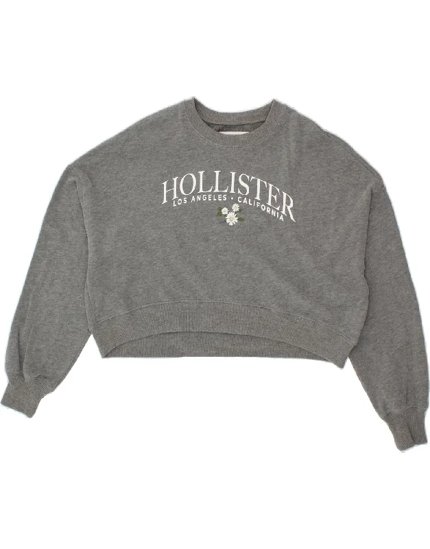 HOLLISTER Womens Oversized Crop Graphic Hoodie Jumper UK 6 XS Grey Floral