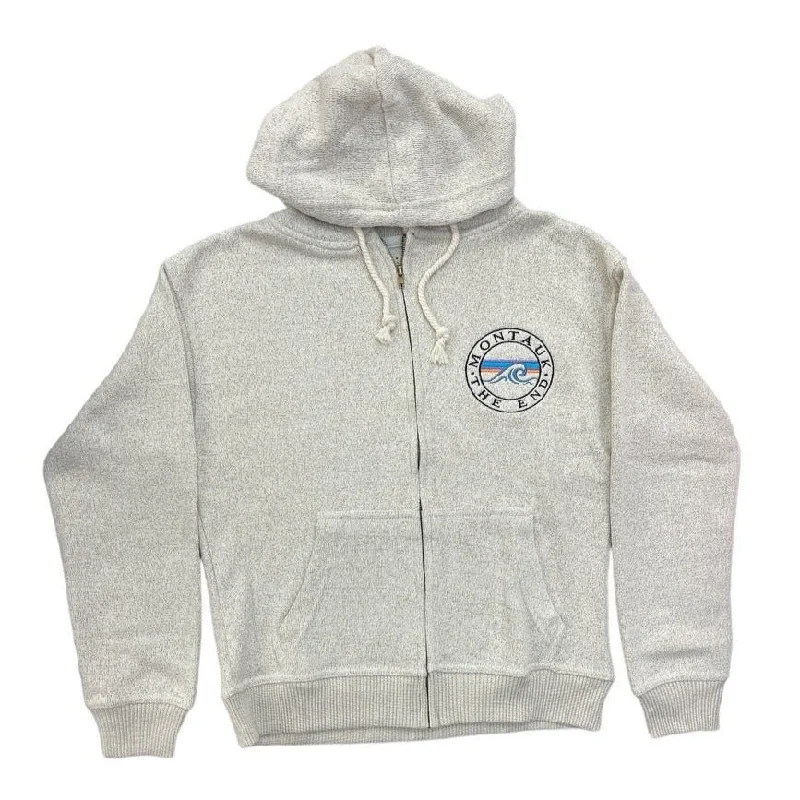 Adult Montauk The End Wave Embroidered Nantucket Zip-Up Hoodie in Light Grey Hoodie with Hem Fringe Bohemian Relaxed Adult Montauk The End Wave Embroidered Nantucket Zip-Up Hoodie in Light Grey Hoodie with Hem Fringe Bohemian Relaxed