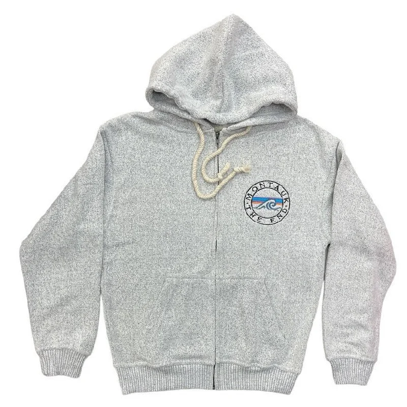 Adult Montauk The End Wave Embroidered Nantucket Zip-Up Hoodie in Oxford Grey Hoodie with Back Slit Movement Comfort Adult Montauk The End Wave Embroidered Nantucket Zip-Up Hoodie in Oxford Grey Hoodie with Back Slit Movement Comfort