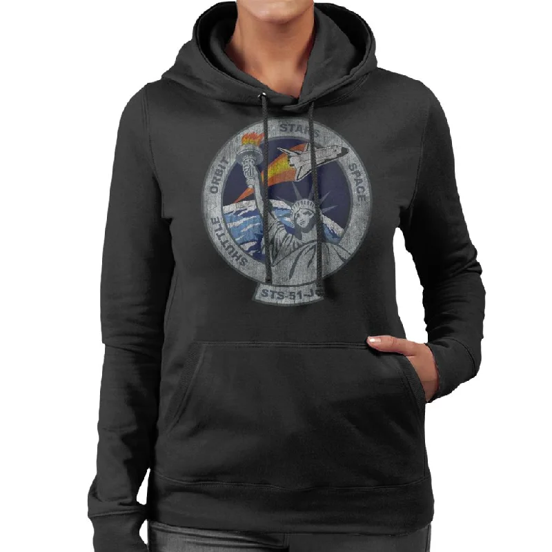 NASA STS 51 J Atlantis Mission Badge Distressed Women's Hooded Sweatshirt