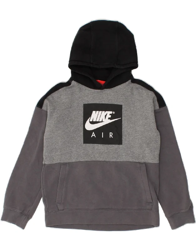 NIKE Boys Graphic Hoodie Jumper 12-13 Years Large Grey Colourblock