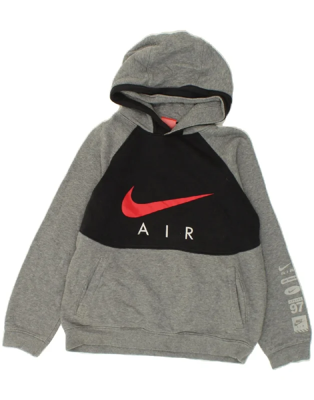 NIKE Boys Graphic Hoodie Jumper 12-13 Years Large Grey Colourblock Cotton